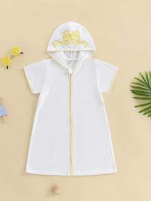 1-6 Years Kid Swim Coverups Bow Toddler Baby Boy Girl Terry Swimsuit Bow Elephant Embroidery Short Sleeve Hooded Terry Cloth Robe Zip-Up Towel Beachwear Beach Pool Bathing Suit Bathrobe Cover Ups - 黃色 - 查看 1