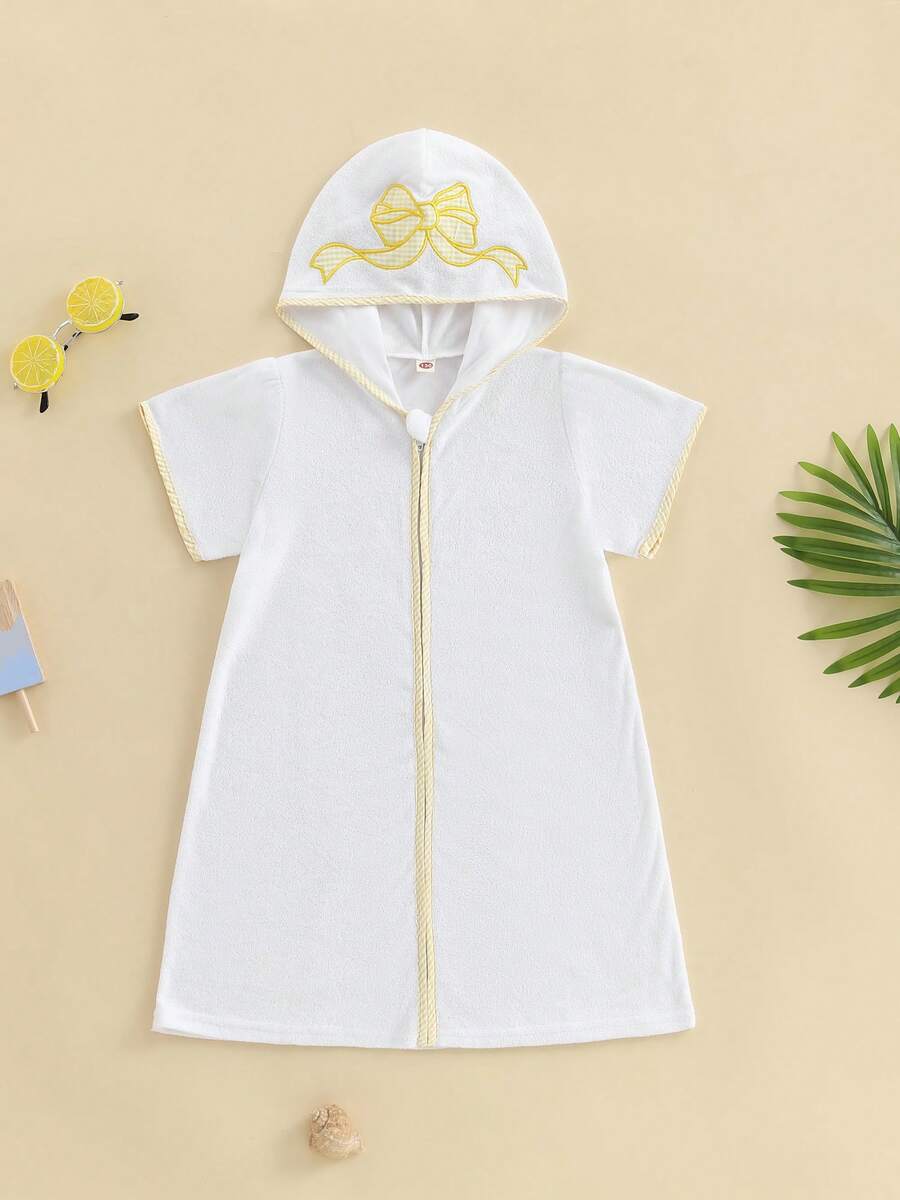 1-6 Years Kid Swim Coverups Bow Toddler Baby Boy Girl Terry Swimsuit Bow Elephant Embroidery Short Sleeve Hooded Terry Cloth Robe Zip-Up Towel Beachwear Beach Pool Bathing Suit Bathrobe Cover Ups - 黃色 - 查看 1