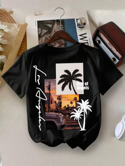 Young Boy Casual California Sunset Print Round Neck T-Shirt, Fashion Summer