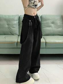 Detachable Strap High Waist Loose Wide Leg Jeans, Retro & Niche, Slimming Design
