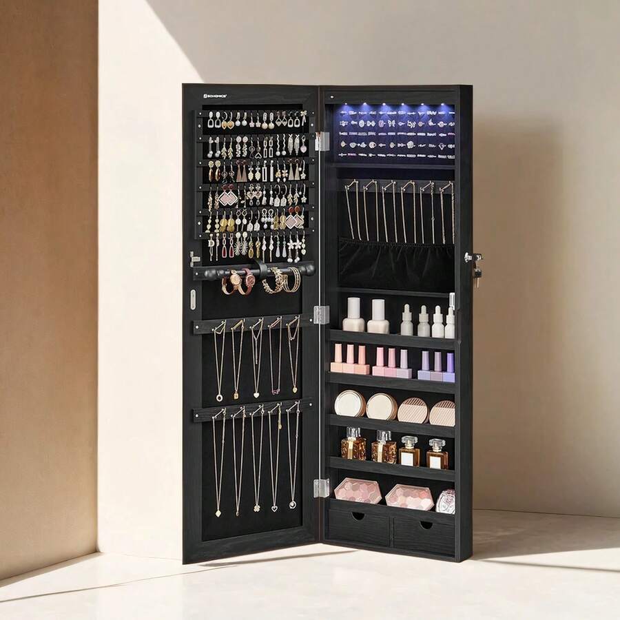 SONGMICS Hanging Jewelry Cabinet, Wall-Mounted With LED Interior Lights Jewelry Organizer, Door-Mounted Organizer, Full-Length Mirror, Gift Idea