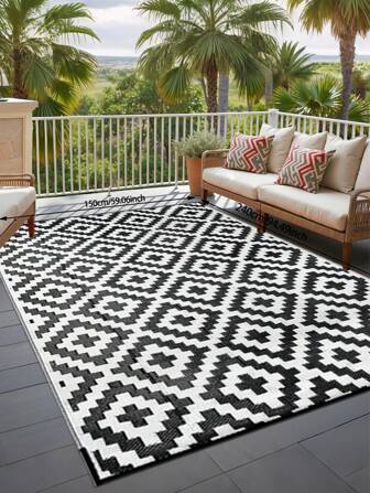 Waterproof Outdoor Carpet 5x8 Feet (About 1.5x2.4 Meters), Double-Sided Plastic Straw Courtyard Camping Carpet, Outdoor Indoor RV Mat Carpet, Suitable For Patio, External Entrance, Backyard, Deck, Bench, Picnic, Camping, Black And White, Comes With A Storage Bag And Ground Stakes