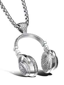 1 件男女通用不锈钢音频耳机吊坠项链，音乐嘻哈复古项链 - 復古銀色 - 查看 3