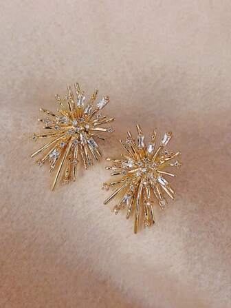 1 Pair Elegant Glamorous Luxury Zirconia Inlaid Flower Firework Stud Earrings, Fashion Earrings For Women, Sophisticated Versatile, Suitable For Daily, Party, Valentine's Day, Mother's Day, Gift