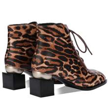 TDD Leopard Print Boots For Women Square Toe Lace Up Ankle Wide Calf Booties Botas Para Mujer Leather Chunky Block Dress Warm Lined Cowboy Cowgirl Ladies 2 Inch High Heels