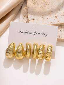 6-18pcs/Set High-End Gold-Color Chunky Twisted C-Shaped Teardrop Earrings Set, Suitable For Women Fashion Metal Geometric Round-Shaped Earrings, Personalized Exaggerated CCB Hoop Earrings Vintage Circle Earrings Set