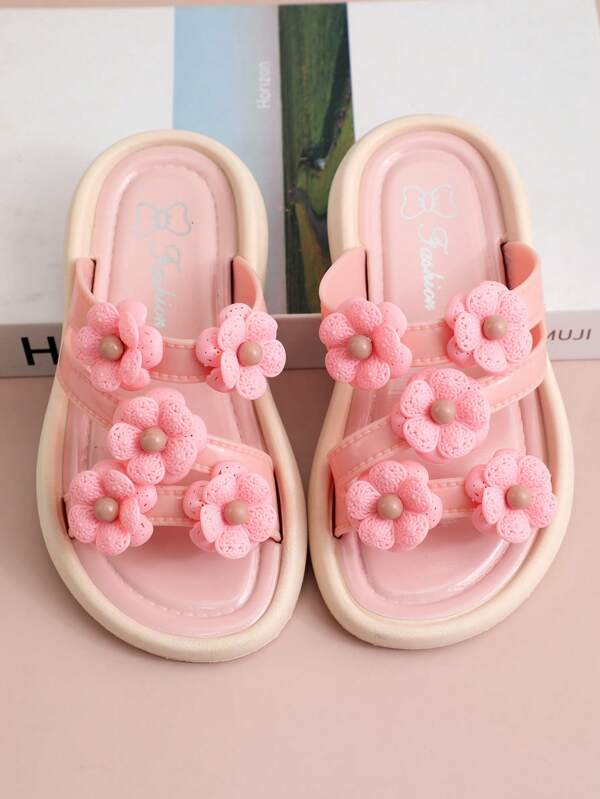 1 Pair Girls' PVC Floral Non-Slip Waterproof Peep Toe Flat Princess Style Beach Slippers, For Ages 2-8