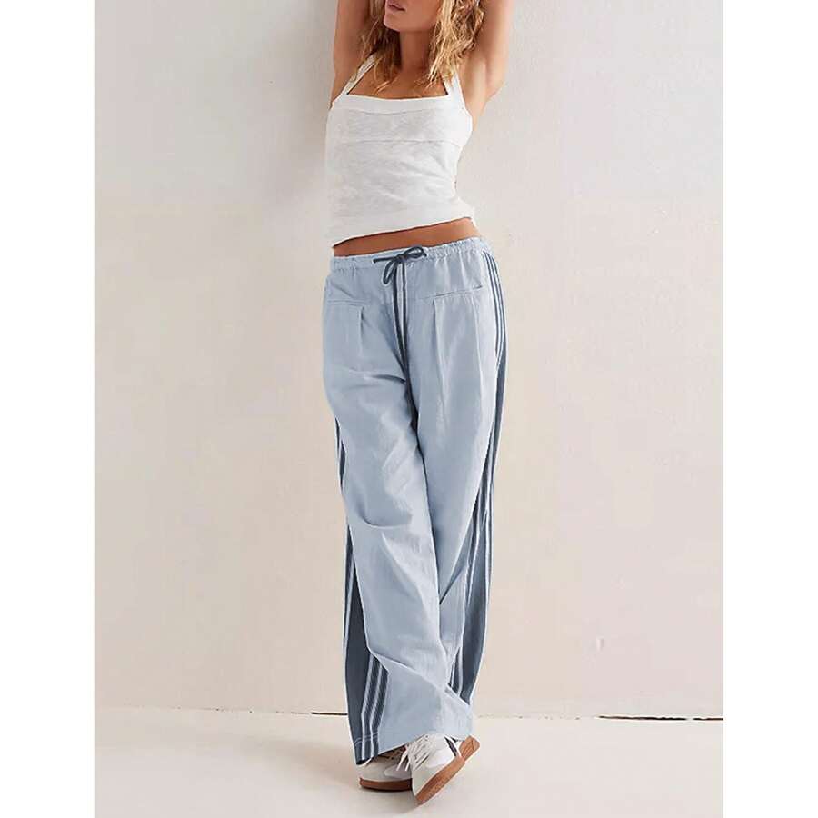 Women's Wide Leg Pants Drawstring High Rise Side Striped Slouchy Palazzo Pants With Pockets - 淺藍色 - 查看 1