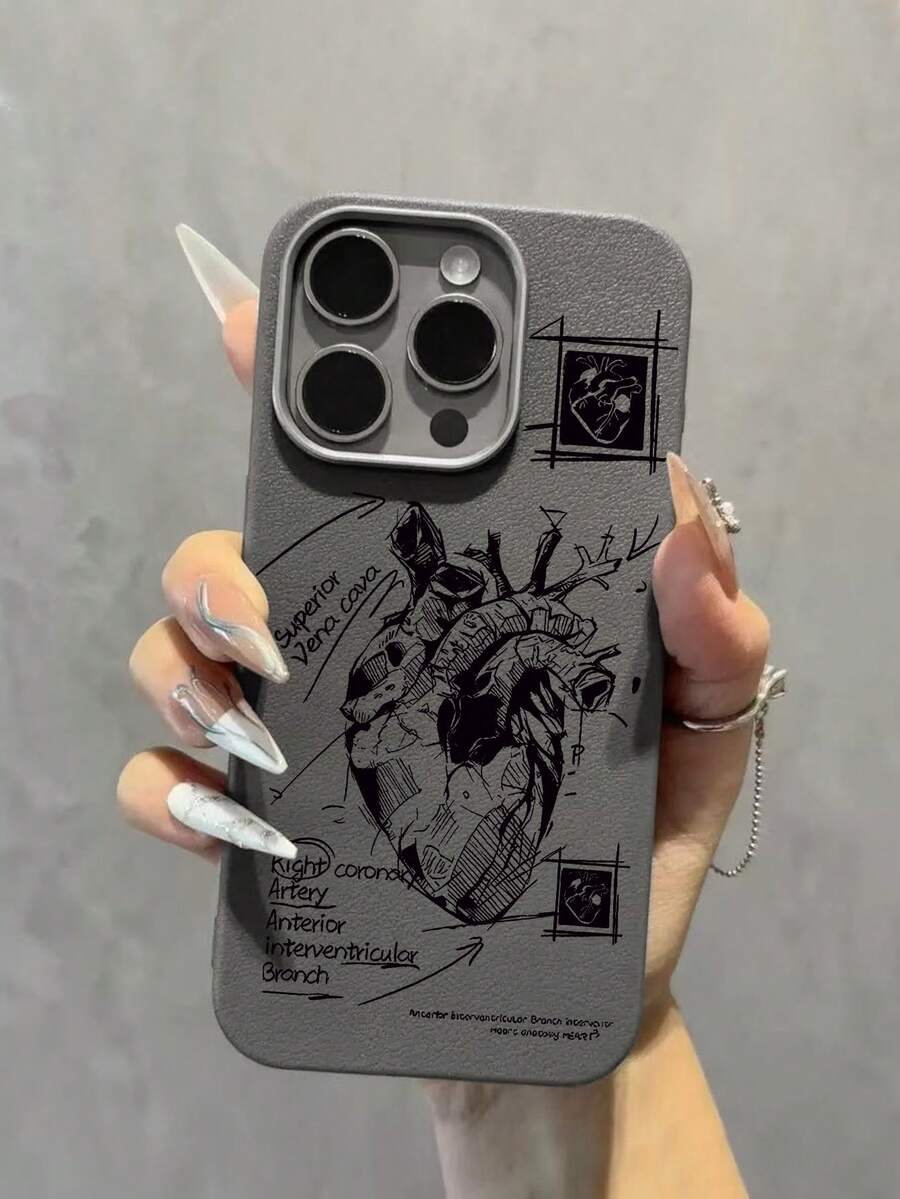时尚灰色人造皮革手机壳，带有心脏解剖设计，复古字体，适合医生、护士、医学生，防指纹，兼容 和 Galaxy - 彩色 - 查看 1
