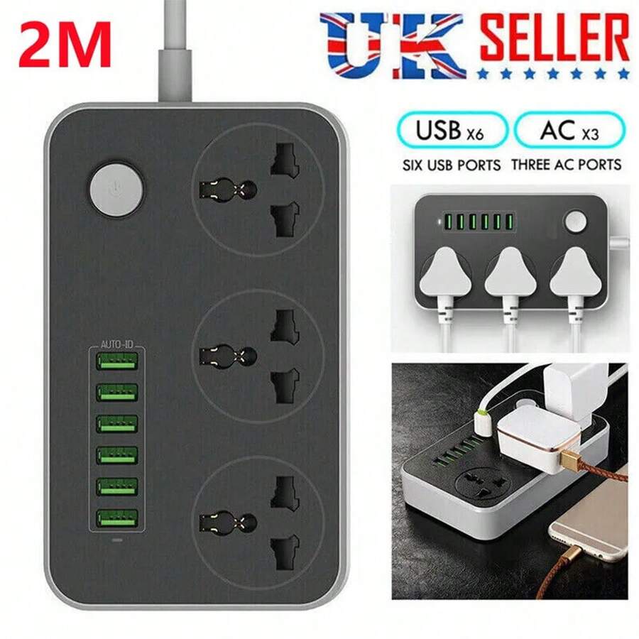 3 Gang Way Electric Extension Lead With 6 USB Cable Plug Socket UK Mains Power - Black - View 1