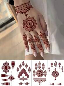4 Sheets Henna Temporary Tattoo Brown Lace Waterproof Henna Stickers Henna Tattoos For Women Wedding Festival Party - Brown - View 6