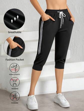 女士七分运动紧身裤，休闲运动服，适合跑步、瑜伽、健身，黑白条纹紧身裤