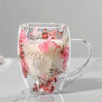 1pc Unique Dried Flower Decoration Double Walled Glass Mug, Transparent Insulated Mug With Handle, Creative Milk/Juice Cup, An Exquisite Gift For Women, National Day, Back To School Season, Halloween, Christmas Gift Selection,Opening Ceremony, Saudi Coffee Cup.Summer Coffee Cups,Pink Mugs,Gifts For Boyfriend