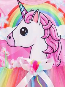 coviviky Vestido de princesa soñadora para niña con estampado de unicornio y flores, de manga corta, hasta la rodilla, con decoración de tul y arcoíris, para el verano
