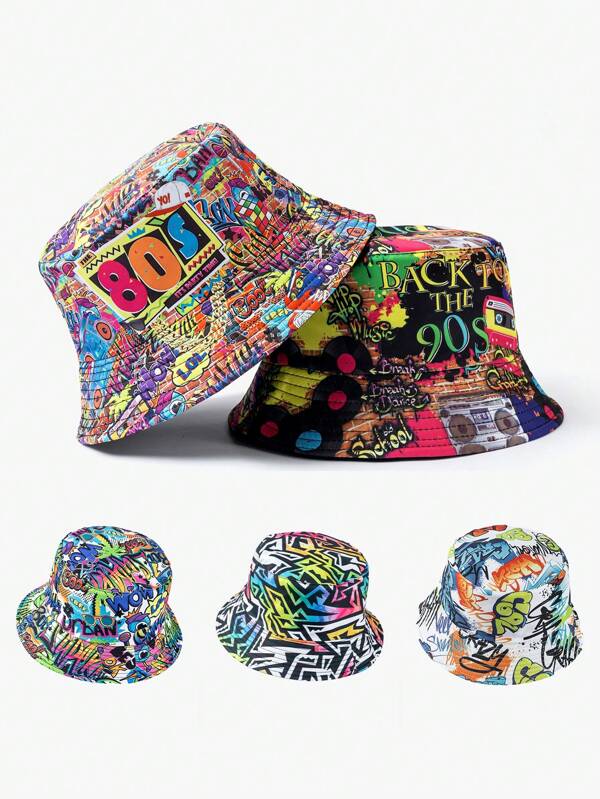 1pc Unisex Fashion Hip Hop 90s 80s Geometric Graffiti Vintage Street Style Reversible Bucket Hat, Versatile For Casual & Commuting