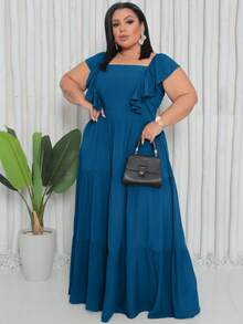 Plus Size Long Dress With Ruffle On The Shoulder - Petroleum Blue - View 2