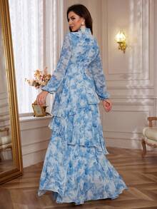 Women's Floral Print Stand Collar Lantern Sleeve Ruffled Hem Long Elegant Dress - Blue - View 2