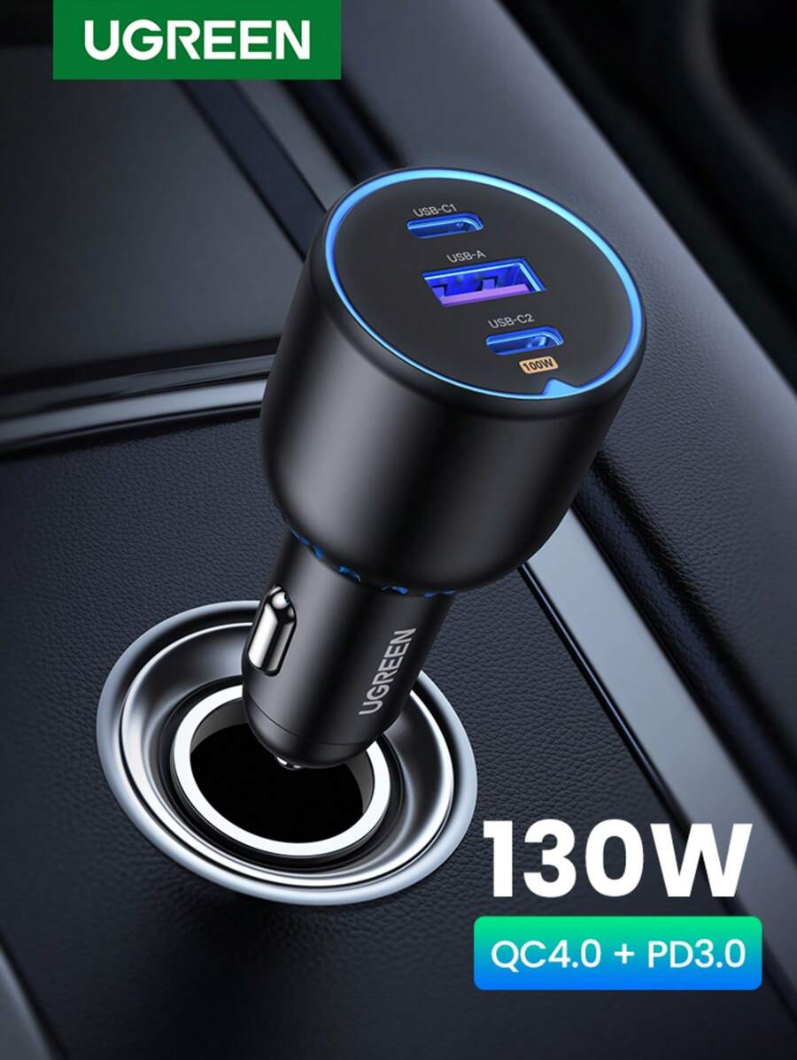 UGREEN شاحن سيارة فائق السرعة UGREEN 130 واط متوافق مع سامسونج وشاومي مع منفذي شحن سريع PD بقوة 100 واط و30 واط