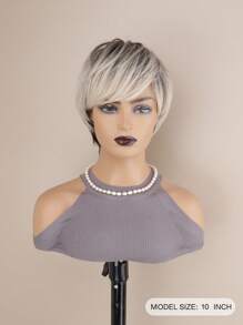 1pc Women Short Layered Pixie Wig With Bangs, Mixed Gray&White Highlight Synthetic Hair Wig, 10 Inch Mixed Light Brown Highlight Wig, Suitable For Daily Wear & Party