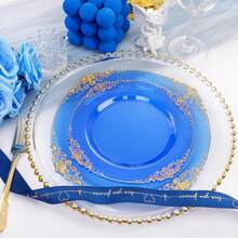 200pcs Transparent Blue Palace Style Plastic Gold Tableware Set, Suitable For 25 Guests, Including 25 Dinner Plates, 25 Dim Sum Plates, 75 Knives, Forks, Spoons, 25 Cups, 25 Napkins And 25 Straws. Very Suitable For Weddings And Parties - 透明藍色 - 查看 4