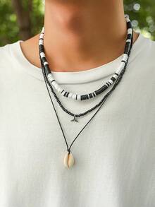 3pcs Minimalist Shell Pendant Necklace Set, Ceramic Beaded Necklace For Men, Daily Wear - Black and White - View 1