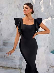 Bernatova Vestiti a tubino neri sexy da donna con balze, per cocktail a coda di sirena, per la primavera/estate. Vestiti da sera midi a fascia per celebrità, a lunghezza media, adatti per feste di nozze, cerimonie di premiazione, festival, compleanni, cene