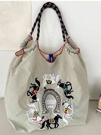 全新时尚刺绣斑马图案大容量手提包女士时尚百搭单肩托特包