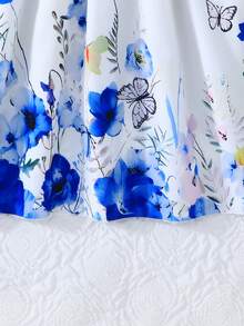 女童优雅盖袖罗纹拼接花卉印花休闲连衣裙，夏季 - 藏蓝色 - 查看 5