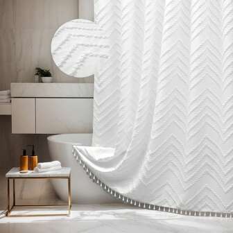 1 stuk Boho effen geweven stoffen douchegordijn, inclusief 12 haken, machinewasbaar gebreid gordijn, kwastjes 72"x72" modern boerderijminimalisme, pluche Chevron retro textuur, waterdicht douchegordijn voor de badkamer, hoteldecoratie, thuis badkamerdecoratie, zomer badkameraccessoires