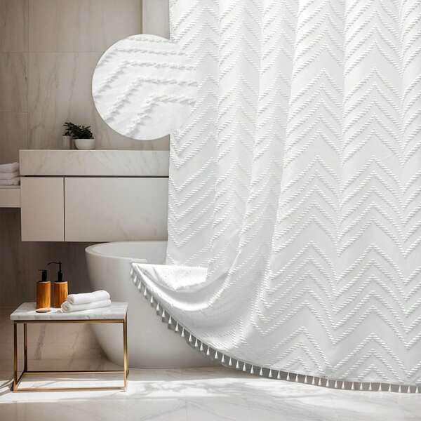 1 stuk Boho effen geweven stoffen douchegordijn, inclusief 12 haken, machinewasbaar gebreid gordijn, kwastjes 72"x72" modern boerderijminimalisme, pluche Chevron retro textuur, waterdicht douchegordijn voor de badkamer, hoteldecoratie, thuis badkamerdecoratie, zomer badkameraccessoires