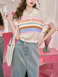 Rikumo 女士休闲可爱个性化减龄彩色条纹Polo领短袖针织上衣，夏冬款 - 彩色 - 查看 9