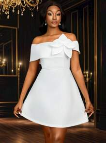 Vestido de novia, fiesta, ducha nupcial, graduación con hombros descubiertos, mangas abullonadas, silueta evasé con flores 3D, vestido mini para mujer