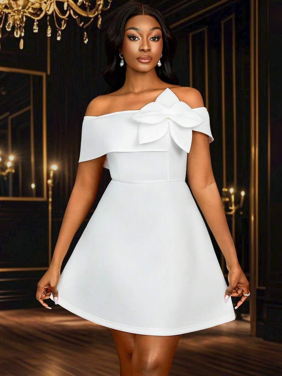 Vestido de novia, fiesta, ducha nupcial, graduación con hombros descubiertos, mangas abullonadas, silueta evasé con flores 3D, vestido mini para mujer