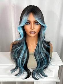 24 Inch Black Wig With Blue Highlights - Big Loose Waves Middle Part Long Curly Hair - Heat Resistant Synthetic Fiber On Rose Net Cap - Edgy Two-Tone Black & Blue For Cosplay & Daily - Blue Highlight - View 4