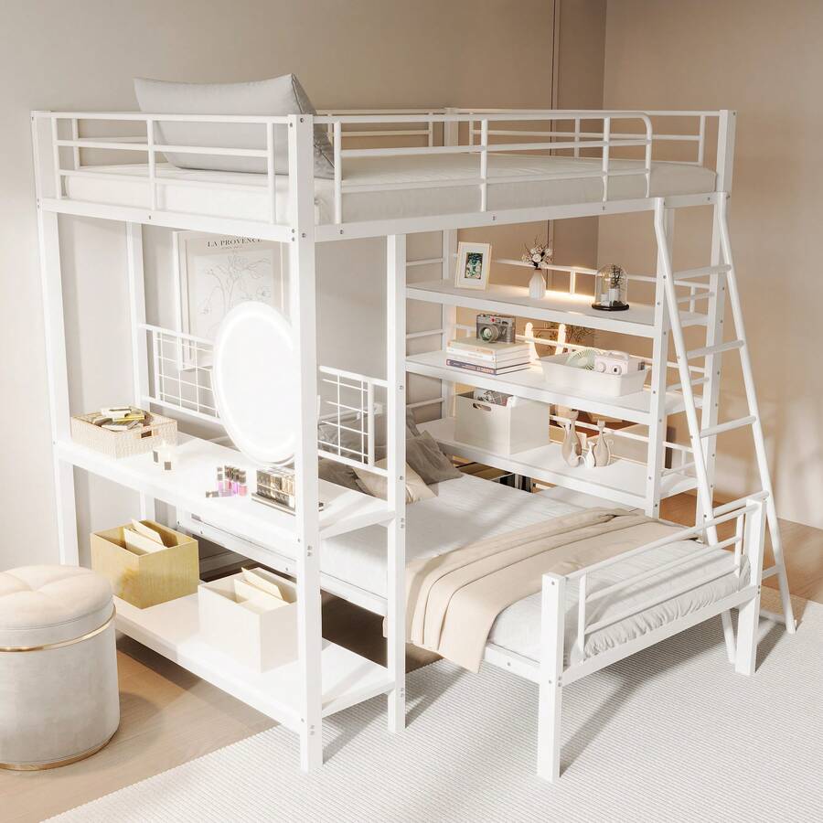 Lit superposé, espace de rangement, structure en métal, gain de place, étagères intégrées, blanc/noir - Blanc - Voir 1