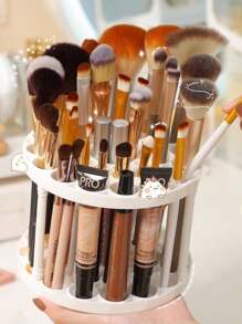 1pc 360° Rotating Brush Holder - Plastic Insertion Type Organizer, Lacquer Coated Surface, Detachable, For Storing Art Brushes, Pens, Makeup Tools - Space-Saving White Office Desk Accessory