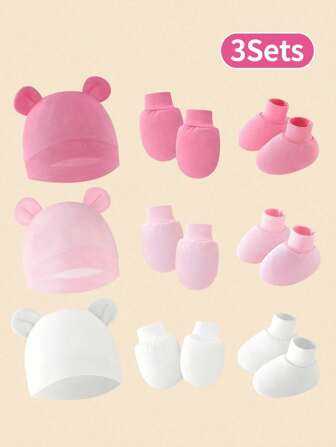 3pcs/Set Newborn Baby Girl Color Series (Pink+White+Rose Red) Ear Bonnets + Anti-Scratch Mittens + Foot Covers Set, Suitable For Daily Wear