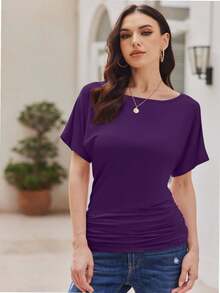 QUEENTI Women's Casual Short Sleeve Dolman Top Boat Neck T Shirt - Màu tím đậm - Xem 2
