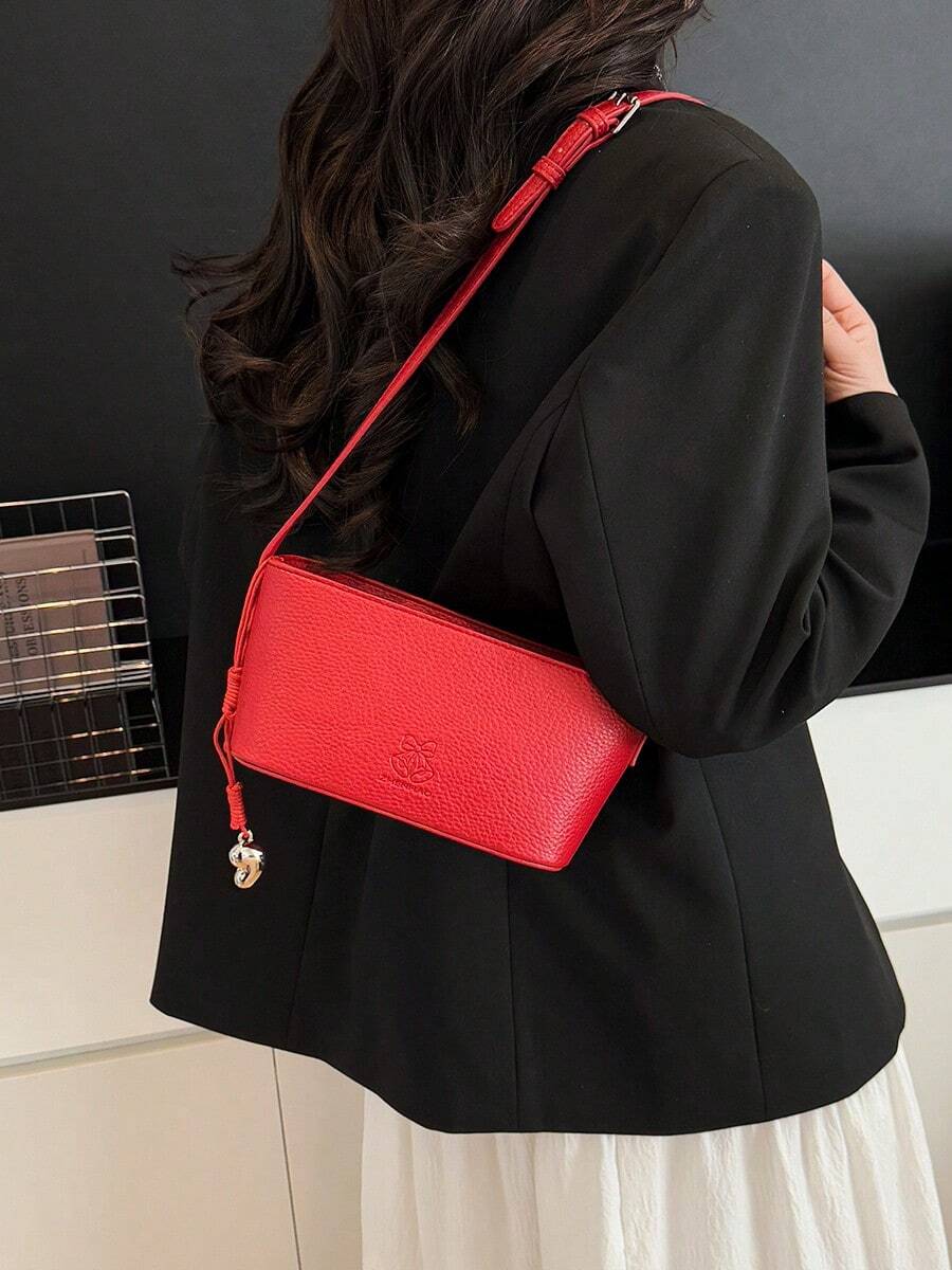 Women's PU Leather Embossed Bucket Bag With Metallic Charm, Butterfly Pressed Pattern, Simple Elegant Shoulder Bag For Commute - Red - View 1