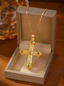 1pc Women's Fashion European Copper Plated 18K Gold Multicolor Zirconia Flower Cross Pendant Necklace, Suitable For Gifts, Parties And Daily Wear, Velvet Bag Packaging
