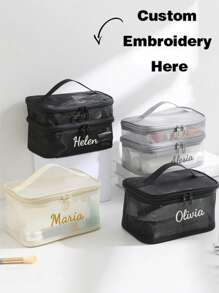 1pc Embroidery Customization Double Layer Mesh Cosmetic Bag With Zipper, Transparent Net Cosmetic Bag With Handles, Multifunctional Makeup Organizer, Lightweight And Breathable Toiletry Storage Bag, Ideal For Daily Use Or Trips,All-Purpose,Large Capacity,Versatile,Multifunction,Colorful,Cute,Adorable,Contracted,Funny,Kawaii,Y2K,Minimalist,Commuting,Business Casual,Basics,Custom,Personalized,Unique,Customized,Ideal Gifts For Him,Ideal Gifts For Her,Her,Family,Friends,Girlfriend,For Anniversaries,For Birthdays,For Holiday/ Vacation,For Outdoors/Outings/Travel/Hiking/Stadium/Sports/Climbing,For Business/Commute/Work/Office,School Supplies,Back To School,School Gift,For Office,For School,For Classroom,For Teacher Gifts,For University,For Colleague,For Dorm Rooms,For Teacher,For Boys And Girls,For Teenagers,Junior High School Students,Middle School Students,High School Senior High School Students,College Students,University Students,Freshman,Sophomore,Underclassmen