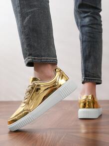 New Fashionable Casual Glossy Solid Color Lace-Up Low-Top Sneakers For Men, Youth And Couples Unisex Skate Shoes With Anti-Slip And Durable Soles, Suitable For Outdoor Activities And Daily Wear