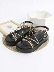 Sandalias con cuña y suela gruesa de moda para mujeres, zapatos de playa con tacón de plataforma de tacón alto, con tiras con moño, color negro