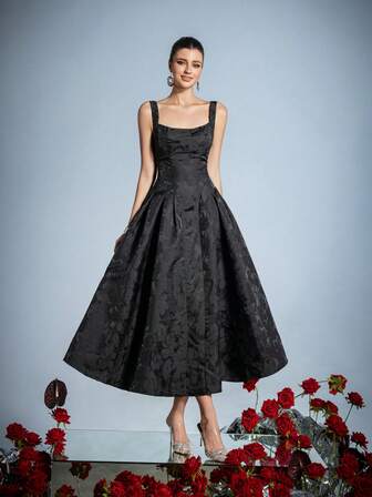 Faeriesty 优雅无袖宽肩带露背晚礼服，搭配夸张的全裙摆 - 精致提花面料，适合夏季婚礼和正式活动（深色精致色调，优雅魅力）夏季连衣裙 1960 年代连衣裙