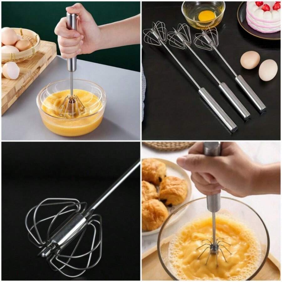 Batidor de acero inoxidable semiautomático para hacer pasteles, batidor de acero inoxidable, batidor fácil con batidor giratorio, batidor semiautomático de acero inoxidable, herramienta multiusos para el hogar, apto para batir, espumar leche, batidor manual de empuje - 1 pieza - Ver 1