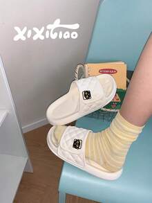 XIXITIAO 1 Pair Cute Black Cat Icon Couple Slippers, Soft Flat Casual Slippers, EVA Non-Slip Spring Summer Slippers, Multiple Colors Solid Classic Flat Slippers With Fashionable Black Cat Pattern, Suitable For Indoor And Outdoor Wear - White - View 2