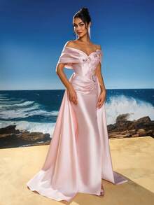 Women's Floral Embroidered Off Shoulder Luxurious Long Party Dress, Formal, Gown, For Evening, Wedding Guest - Pink - View 10