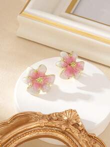 1 Pair Retro Elegant Gradient Flower Enamel Clip Earrings, 3D Delicate Design, Gentle Vibe Suitable For Office Ladies, Holiday Events, Women's Gift - 粉色 - 查看 6