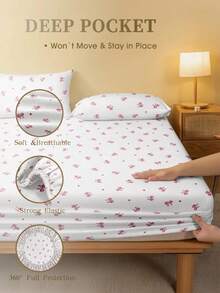 1pc White & Pink Bow Pattern Fitted Sheet, Mattress Protector, Valentine's Heart Mattress Cover, Soft & Breathable Bedsheet, Fits Twin, Full, Queen, King Size Beds, Deep Pocket Design, Home Textile, Suitable For Dorm Beds - White - View 4