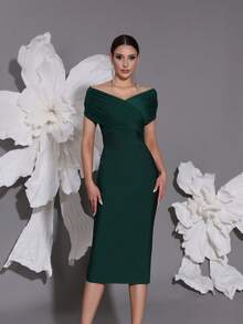 露肩针织绷带连衣裙，优雅奢华的欧式风格，性感修身开衩下摆晚礼服 - 墨綠 - 查看 7